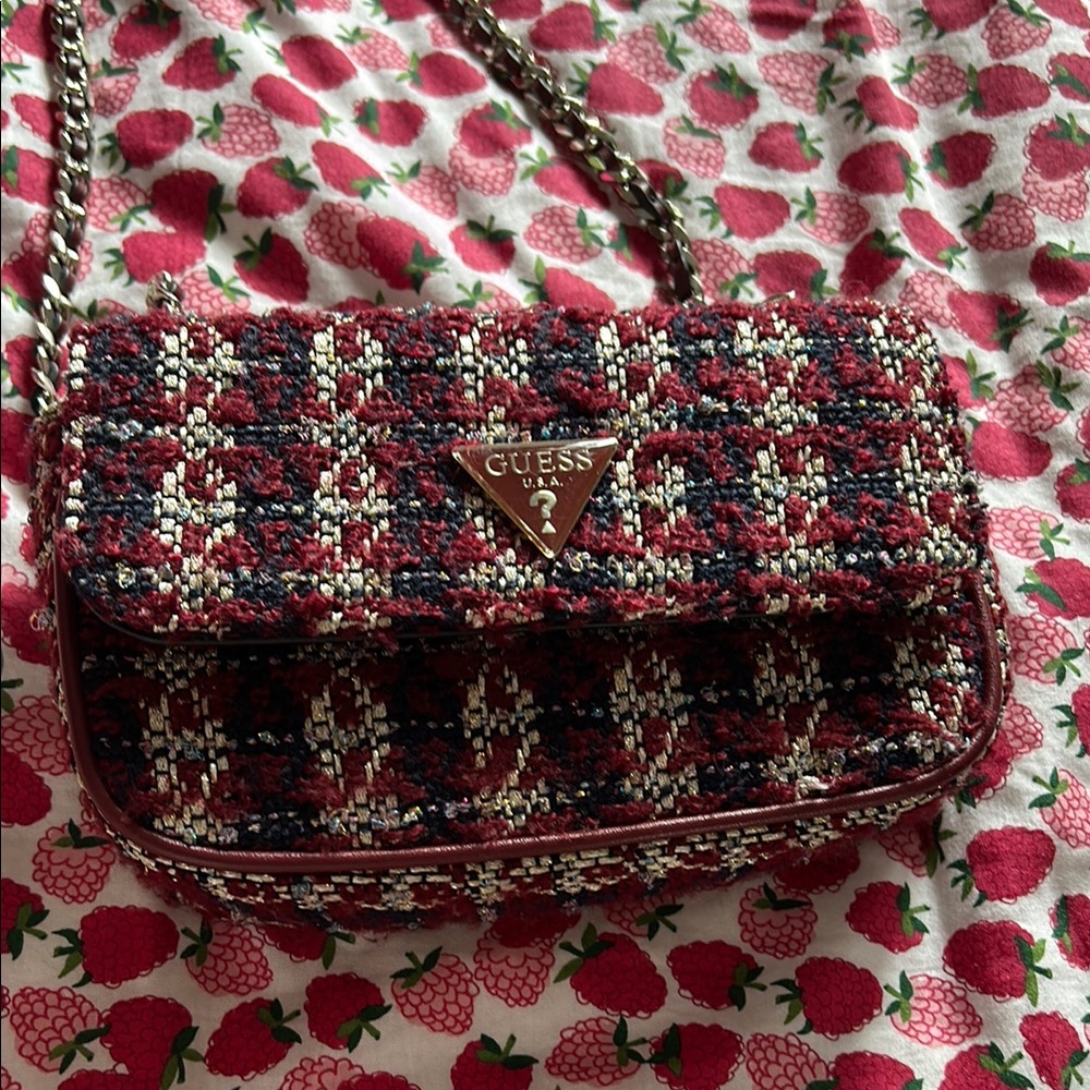 GUESS Red and White Tweed Crossbody Bag